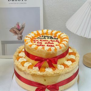 Bánh bông lan trứng muối 2 tầng 24x16cm nơ đỏ
